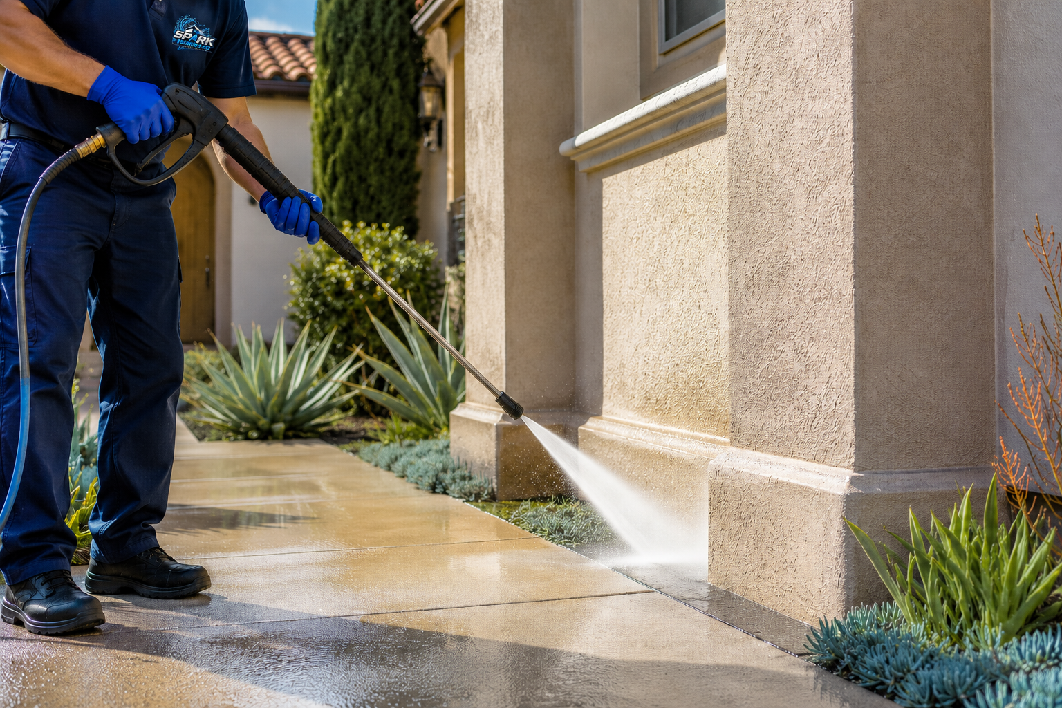 Spark Wash Co. technician pressure washing a residential exterior and walkway